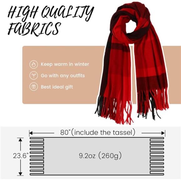 Cashmere Feel Plaid Scarf, Long Blanket Scarf, Red - Picture 4 of 7